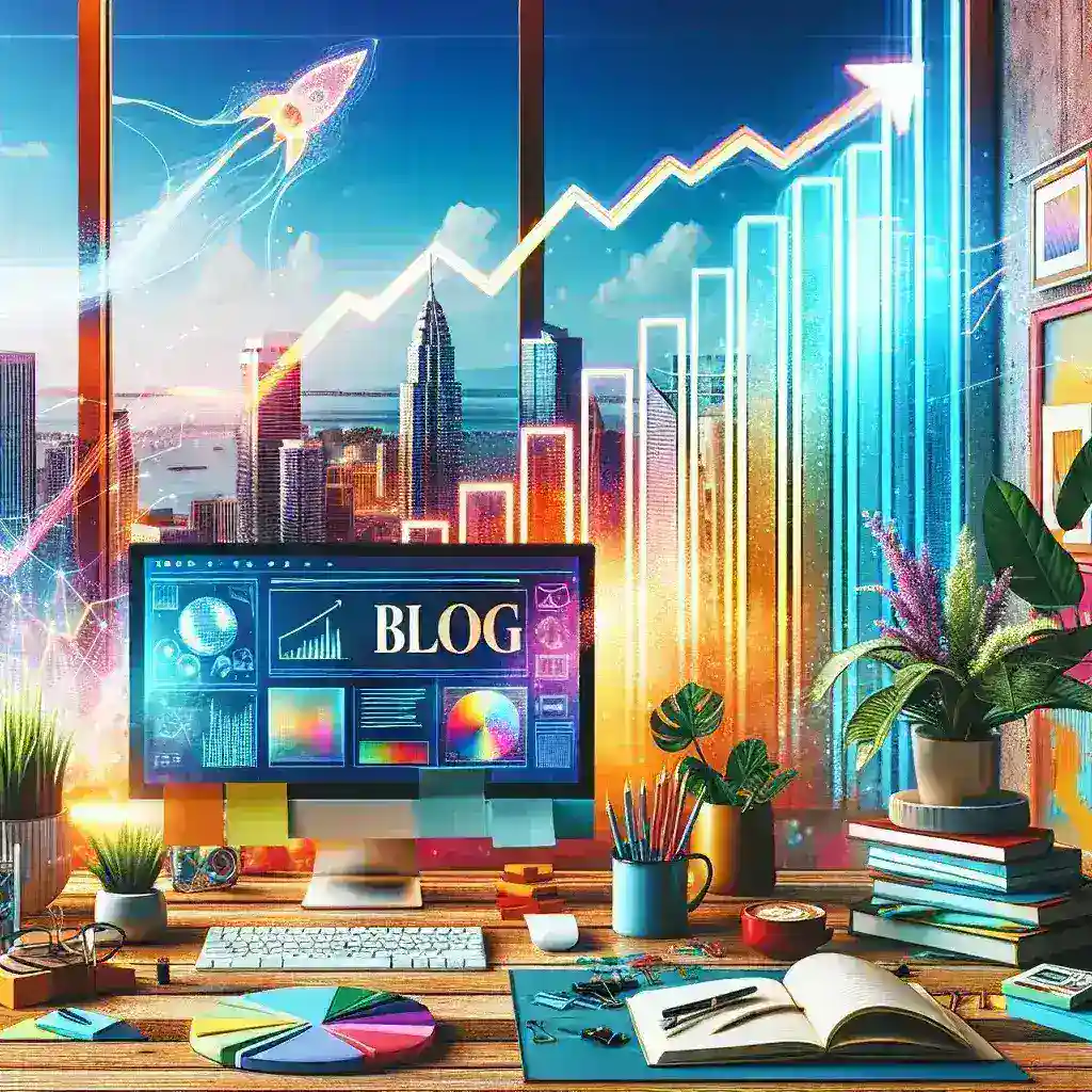 "An arrangement of colorful sticky notes and a laptop on a desk, symbolizing effective planning and strategy for building and growing a successful blog in 2024."