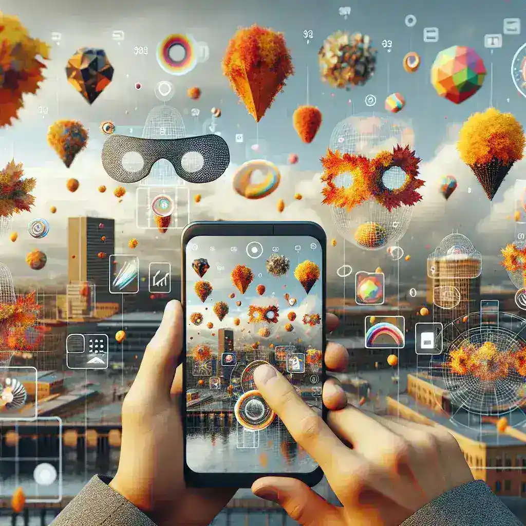 "Snapchat location-based AR lens experience showcasing vibrant augmented reality graphics overlaying a cityscape, highlighting new features launched in September 2023."